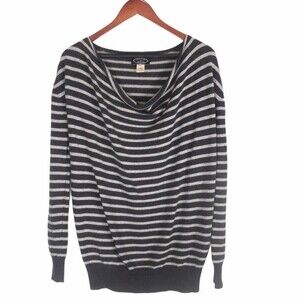 Demylee Vintage Womens Cashmere Cowl Neck Gray/White Striped Pullover Sweater